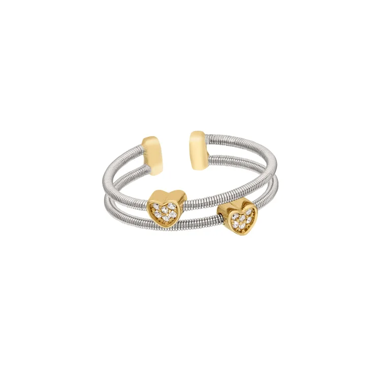 ladies rings sale-Rhodium Finish Sterling Silver Two Cable Cuff Ring with Two Gold Finish Simulated Diamond Hearts