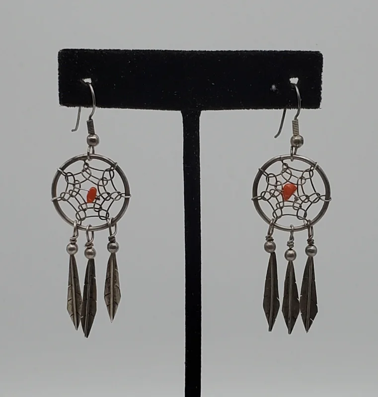 ladies earrings jewelry box-Vintage Silver and Coral Dreamcatcher Earrings