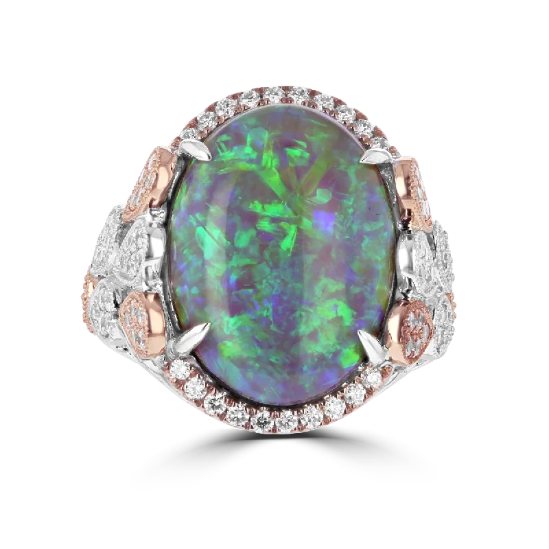 ladies rings radiant-JULEVE 18KT TWO-TONE GOLD 9.33 CT OPAL & 0.78 CTW DIAMOND HALF HALO RING