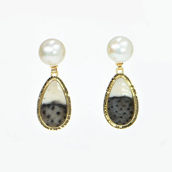 ladies earrings auction-Fossil Palm & Freshwater Pearl Earrings