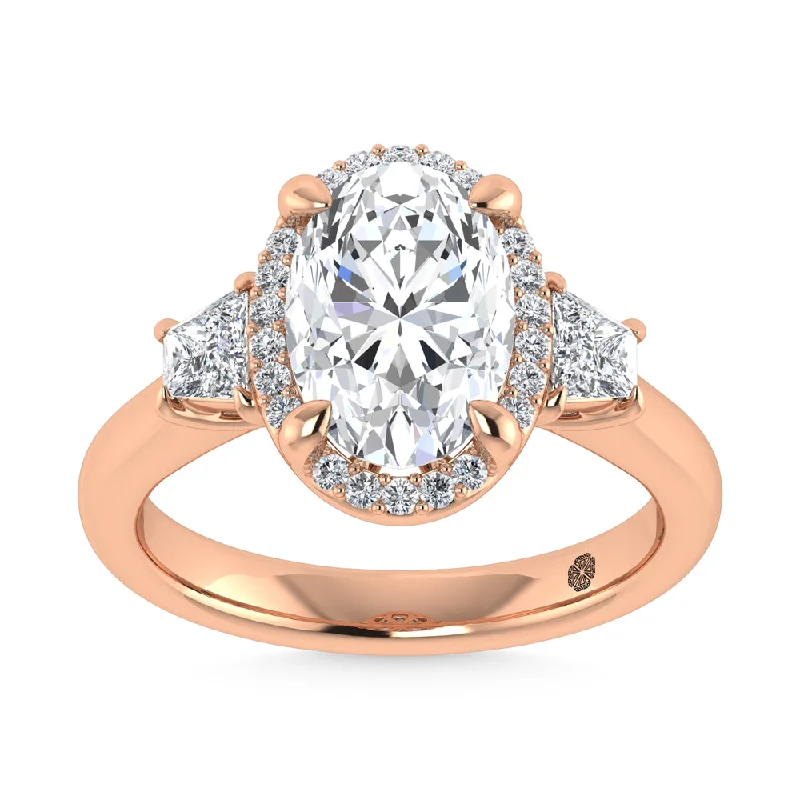 ladies engagement rings durable-14K Rose Gold Labgrown Diamond 3 1/2 Ct.Tw. Three Stone Engagement Ring (Center Oval 2ct)