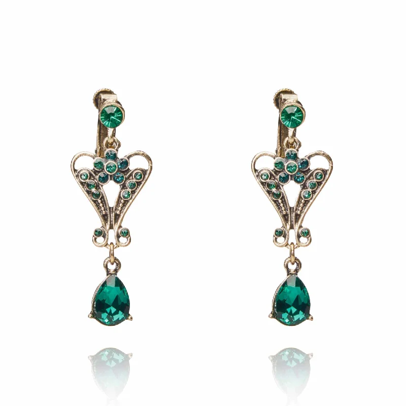 ladies earrings diamond-Pendeloque Clip on Crystal Drop Earrings: Emerald Earrings