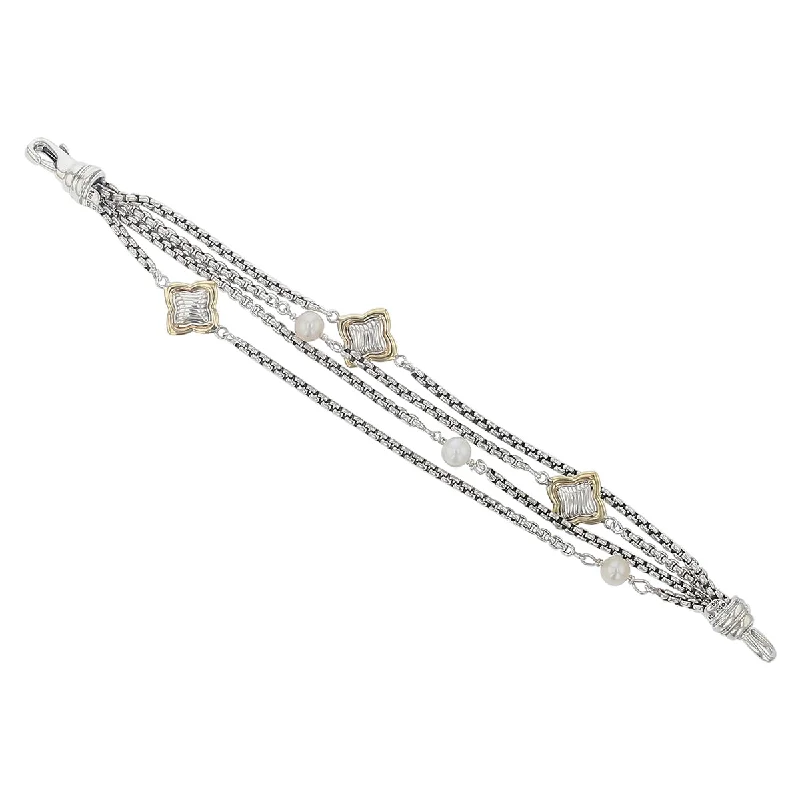 Ladies bracelets y2k glow -D Y Quatrefoil Cultured Pearl Multi Strand Bracelet in 18k Yellow Gold and Sterling Silver 7.25"