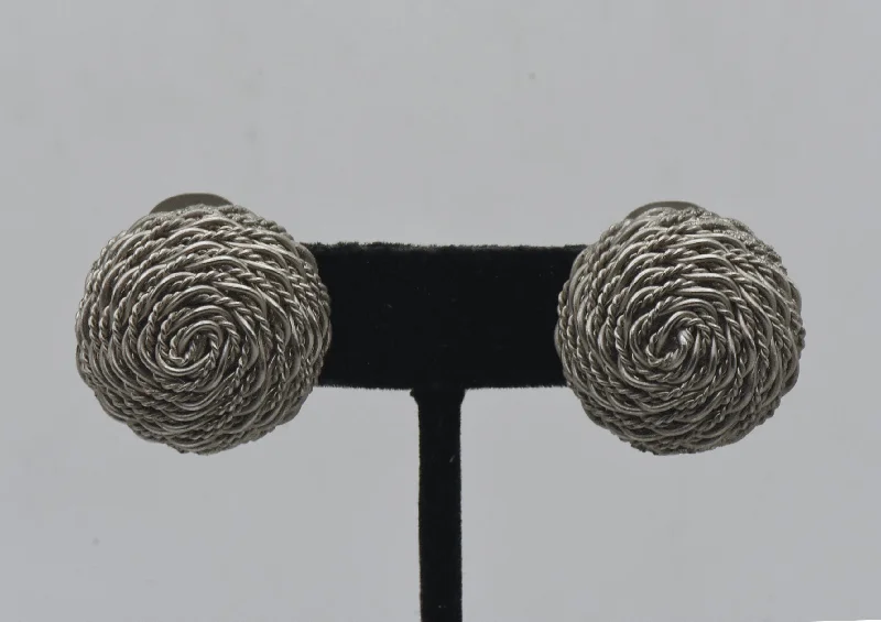 ladies earrings winter-Vintage Silver Tone Basket Weave Clip On Earrings