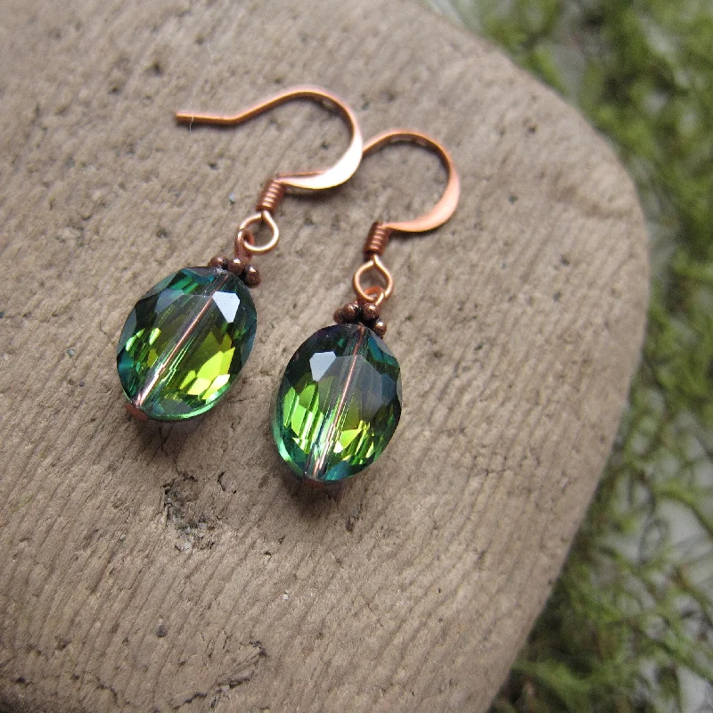 ladies earrings diamond-Green Crystal Earrings Faceted Moss Green & Gold on Copper Ear Wires