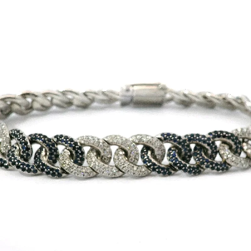 Ladies bracelets luxury appeal -14K White Gold Pave Cuban Link Natural Sapphire and Diamond Bracelet