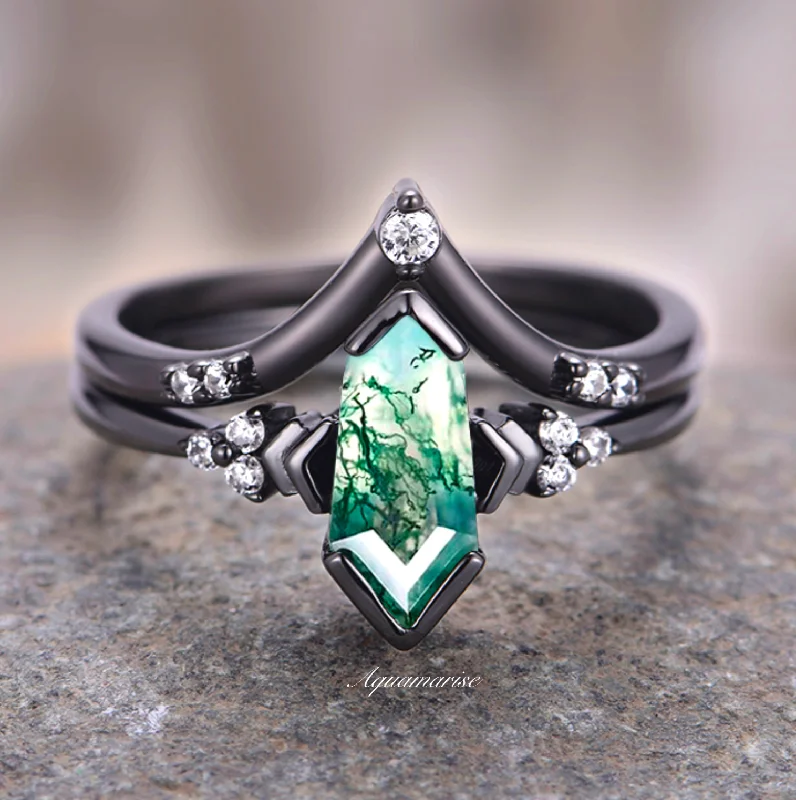 ladies engagement rings celtic-Coffin Kite Green Moss Agate Engagement Ring- Black Rhodium Filled