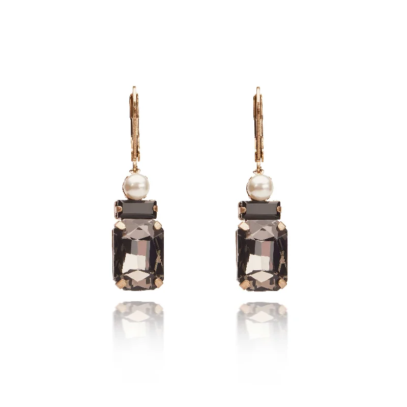 ladies earrings rose gold-Dangle Black Earrings: Art Deco Oblong Black Stone And Pearl Drop Earrings