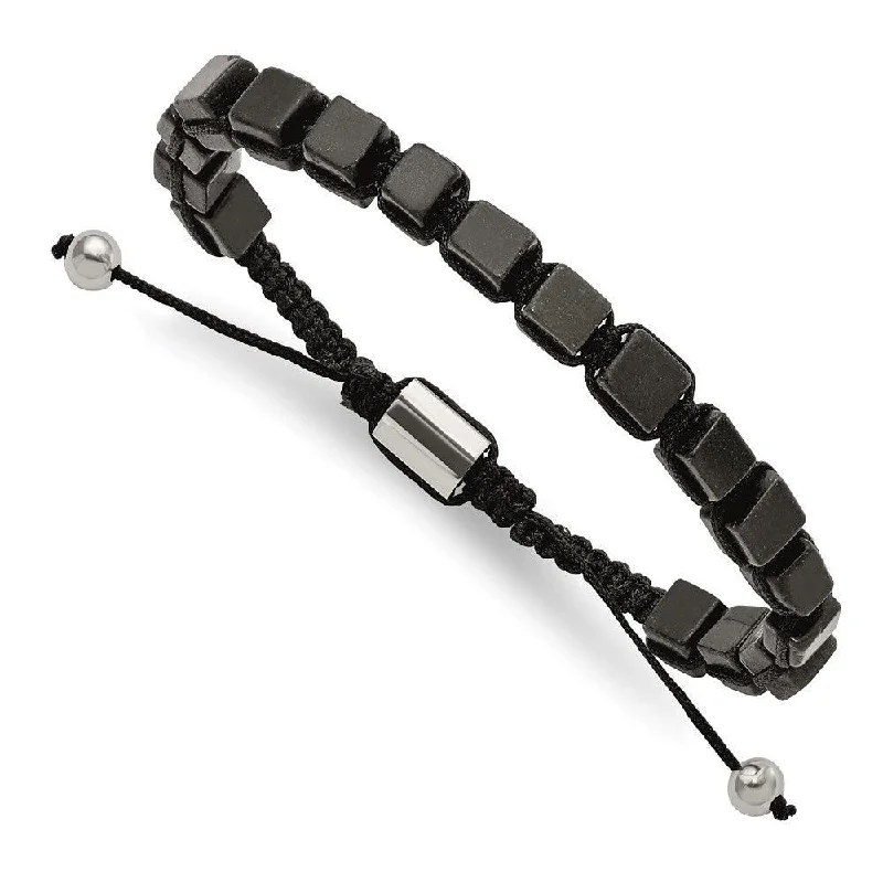 Ladies bracelets carved detail -Stainless Steel Polished with Black Agate Macrame Adjustable Bracelet