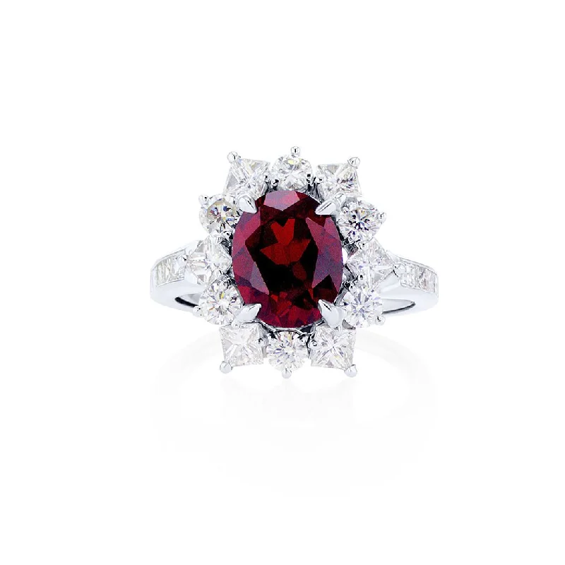 ladies engagement rings dazzling-3.13 CT Oval Cut Lab Grown Ruby with 1.50 Cttw Mixed Cut Diamond Halo 18K White Gold Engagement Ring