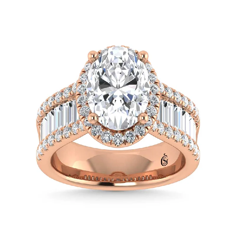 ladies engagement rings cleaning-14K Rose Gold Lab Grown Diamond 4 5/8 Ct.Tw. Round and Baguette Shank Engagement Ring (Oval Center)