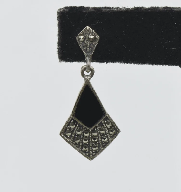 ladies earrings horoscope-UNMATCHED Vintage Black Onyx and Marcasite Sterling Silver Earring