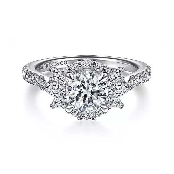 ladies engagement rings synthetic-Samaya - 14K White Gold Fancy Halo Round Diamond Engagement Ring