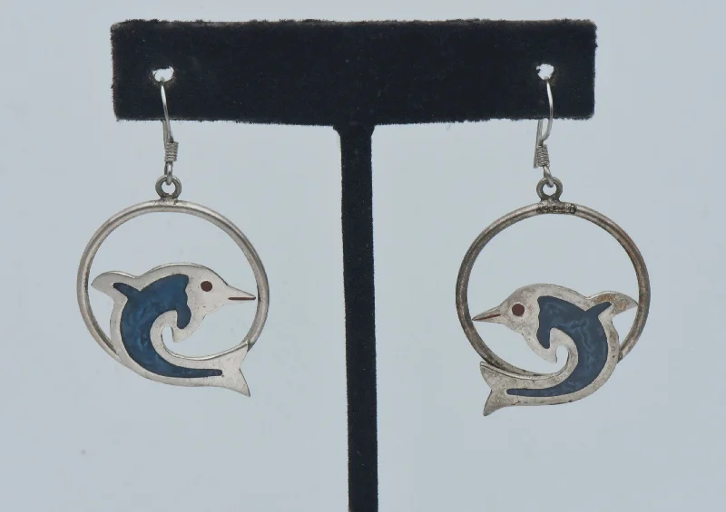 ladies earrings tiny-Vintage Handmade Dolphin Alpaca Hoop Dangle Earrings