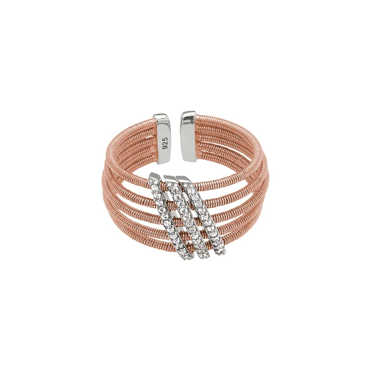 ladies rings highly reviewed-Rose Gold Finish Sterling Silver Multi Cable Cuff Ring with Rhodium Finish Simulated Diamond Three Diagonal Bars