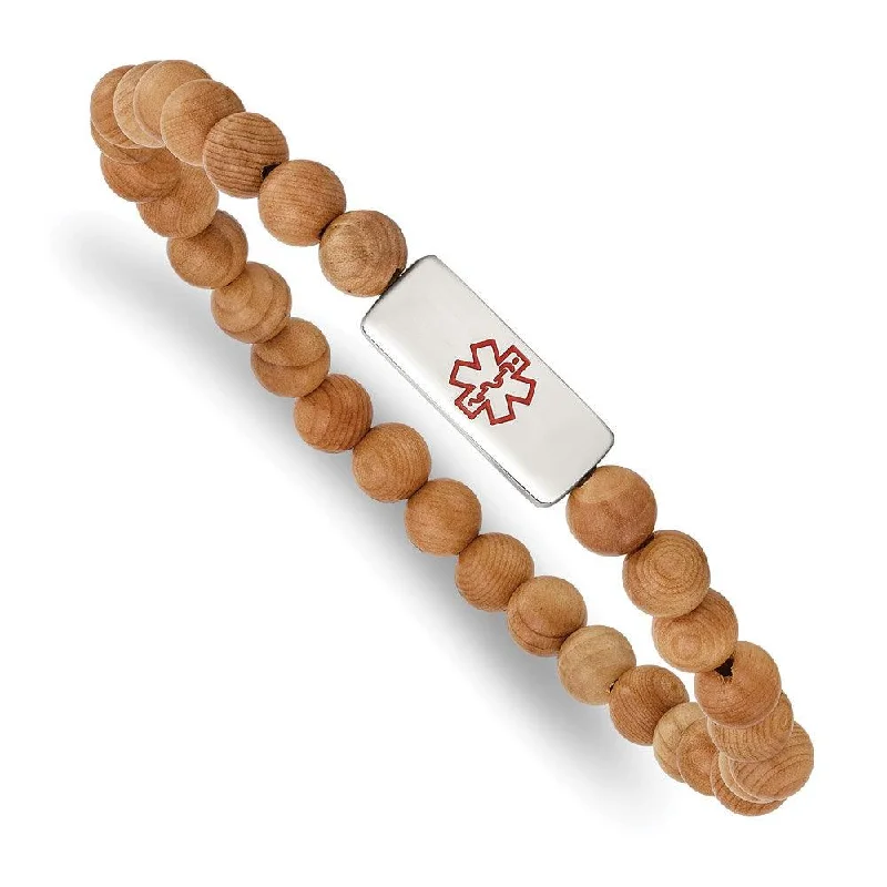 Ladies bracelets ruby brilliance -Stainless Steel Polished w/Enl Medical ID Taxus Chinensis Wood Bracelet