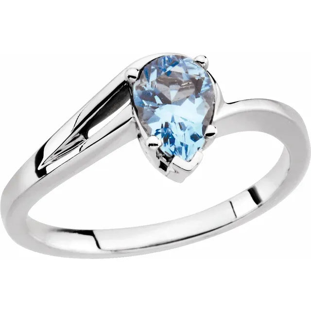 ladies rings pre order-14KT WHITE GOLD 0.60 CT PEAR AQUAMARINE SWIRL RING