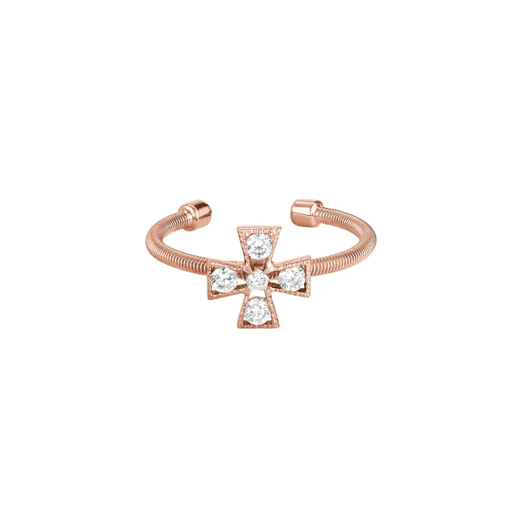 ladies rings tiffany-Rose Gold Finish Sterling Silver Cable Cuff 5 Stone Cross Ring with Simulated Diamonds