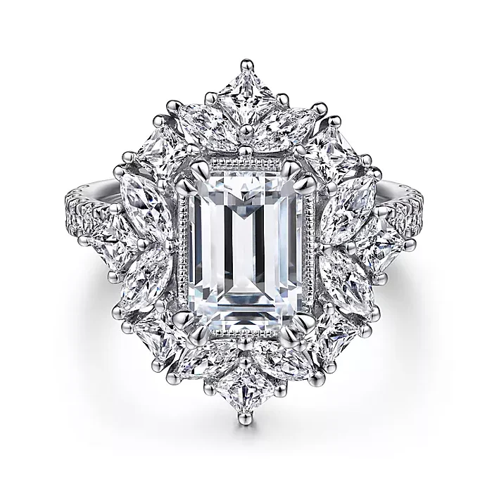 ladies engagement rings one of a kind-Lisette - 14K White Gold Fancy Halo Emerald Cut Diamond Engagement Ring