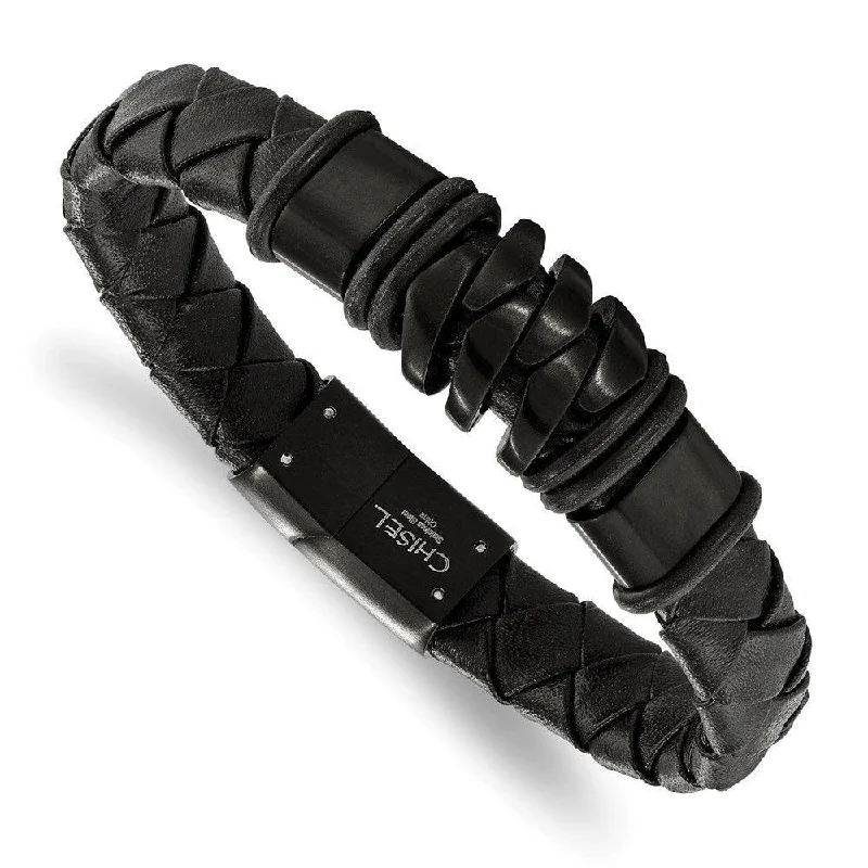 Ladies bracelets hawaiian glow -Stainless Steel Brushed Black IP-plated Black Leather Bracelet