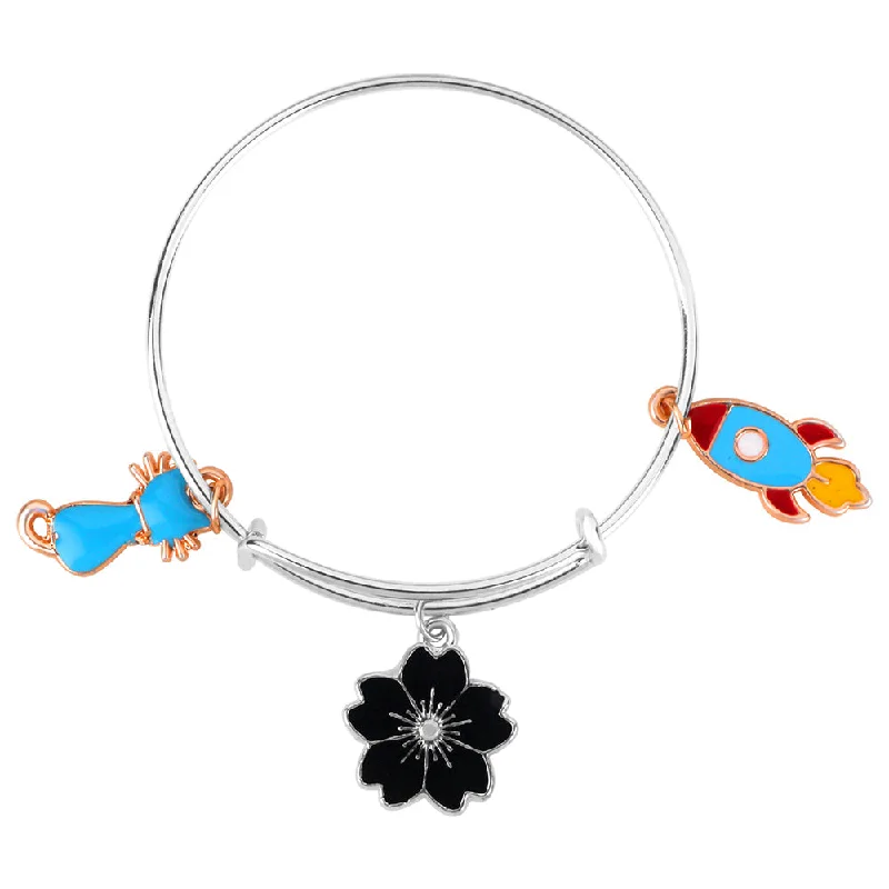 Ladies bracelets silver glow -Mahi Rocket Floral & Rocket Shaped Enamel Work Charms Kids Bracelets for Girls (BRK1100987M)