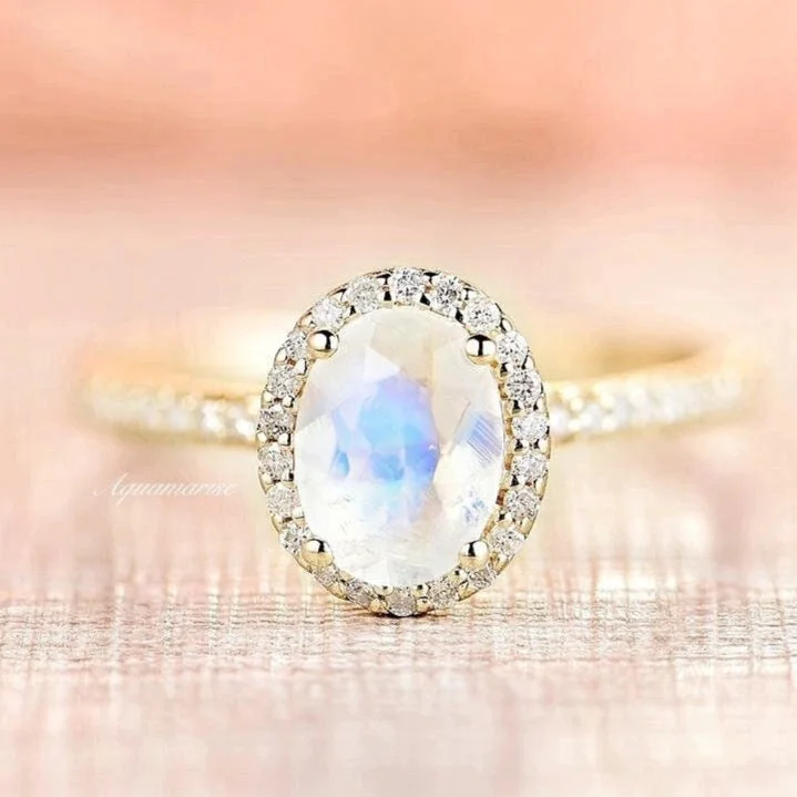 ladies engagement rings floral-Iris Moonstone Engagement Ring- 10K/14K/18K Solid Yellow Gold