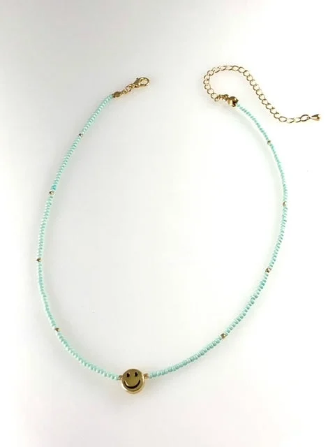 Ladies necklaces southwest flair -Happy Face Beaded Necklace - Mint Green