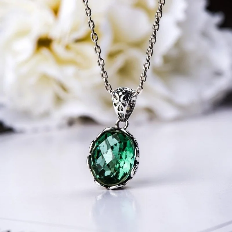 Ladies necklaces eco conscious -Emerald Green Necklace With Silver Sterling Chain