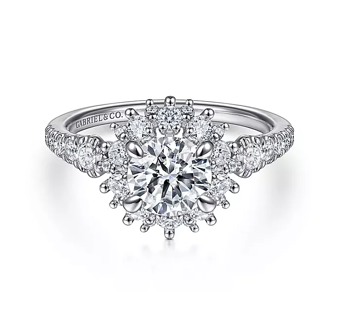 ladies engagement rings matte-Raimona - 14K White Gold Round Halo Diamond Engagement Ring