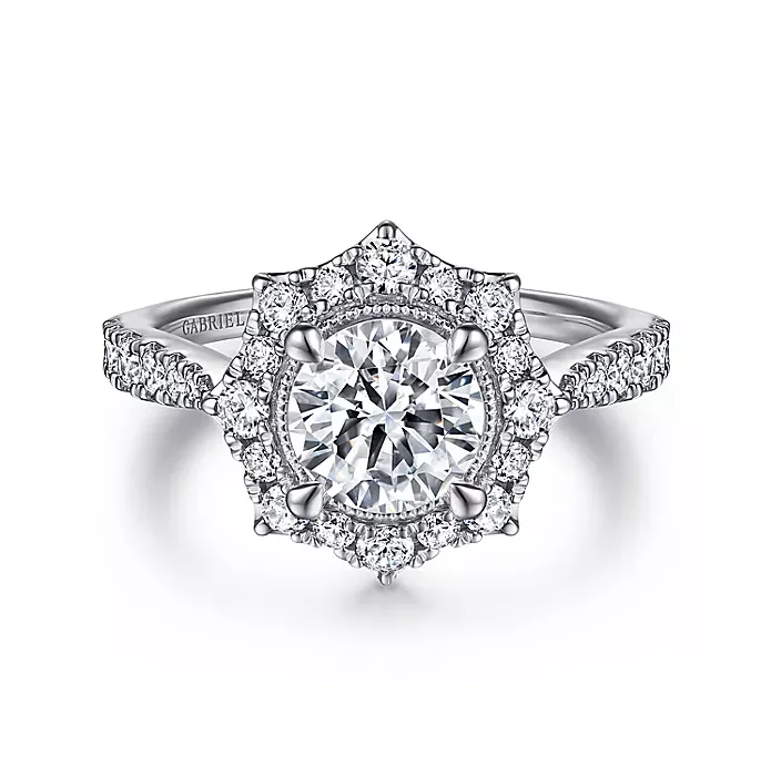 ladies engagement rings winter-Kimberly - Vintage Inspired 14K White Gold Fancy Halo Round Diamond Engagement Ring