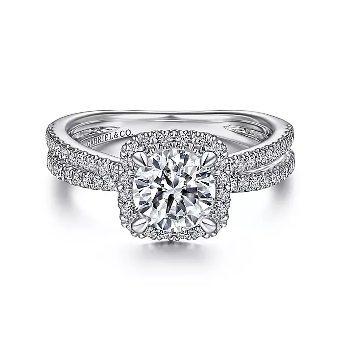 ladies engagement rings celebration-Lucrezia - 14K White Gold Cushion Halo Round Diamond Engagement Ring