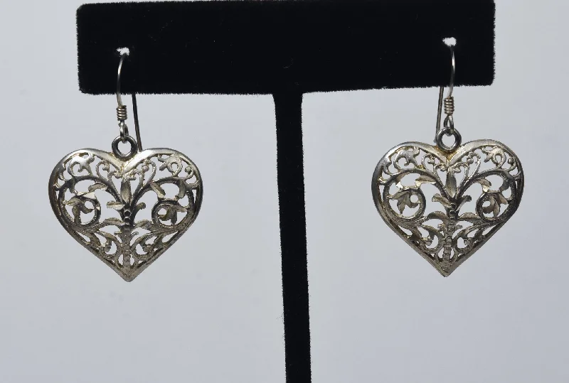 ladies earrings minimalist-Sterling Silver Pierced Heart Design Dangle Earrings