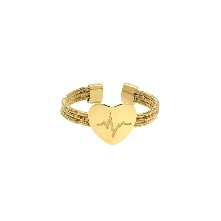 ladies rings christmas-Gold Finish Sterling Silver Three Cable Cuff Ring with a Polished Heart with a Heartbeat Design.