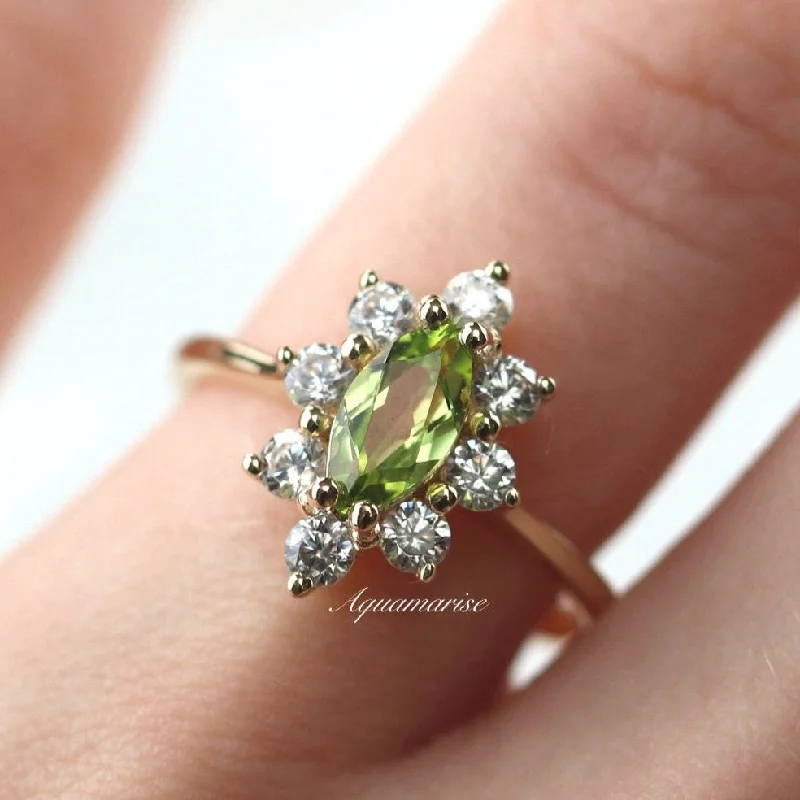 ladies engagement rings cartier-Marquise Natural Peridot Engagement Ring- 14K Solid Yellow Gold