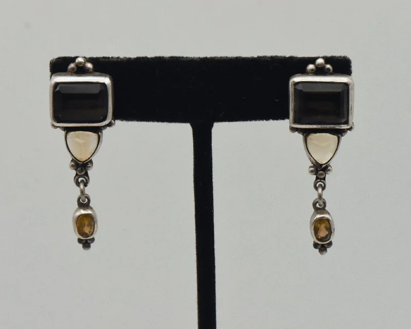 ladies earrings reviews-Vintage Smoky Quartz, Citrine and Topaz Sterling Silver Earrings