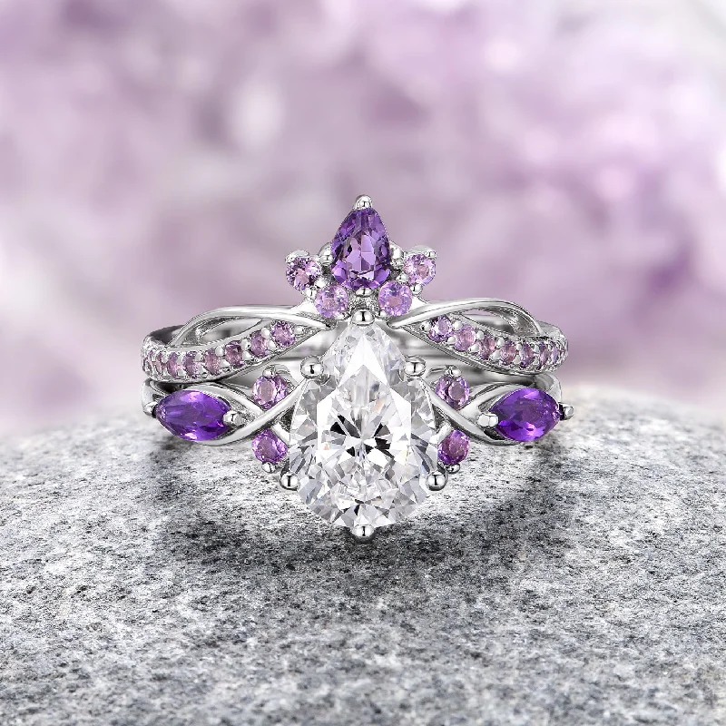 ladies engagement rings nostalgia-Feyre Amethyst & Moissanite/Diamond Engagement Ring Set- 14K White Gold