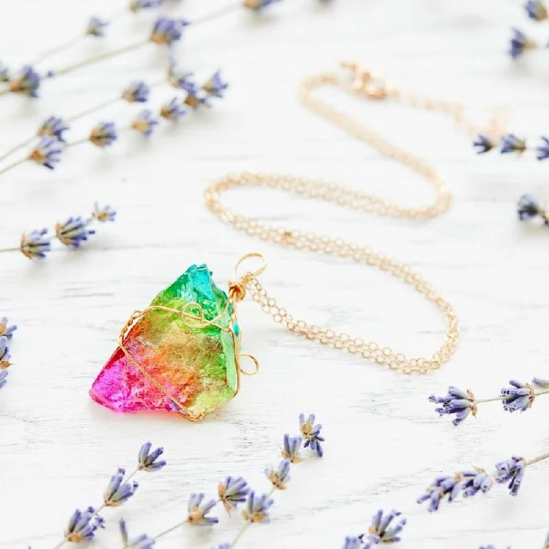 Ladies necklaces leaf pendant -Rainbow Aura Quartz Necklace