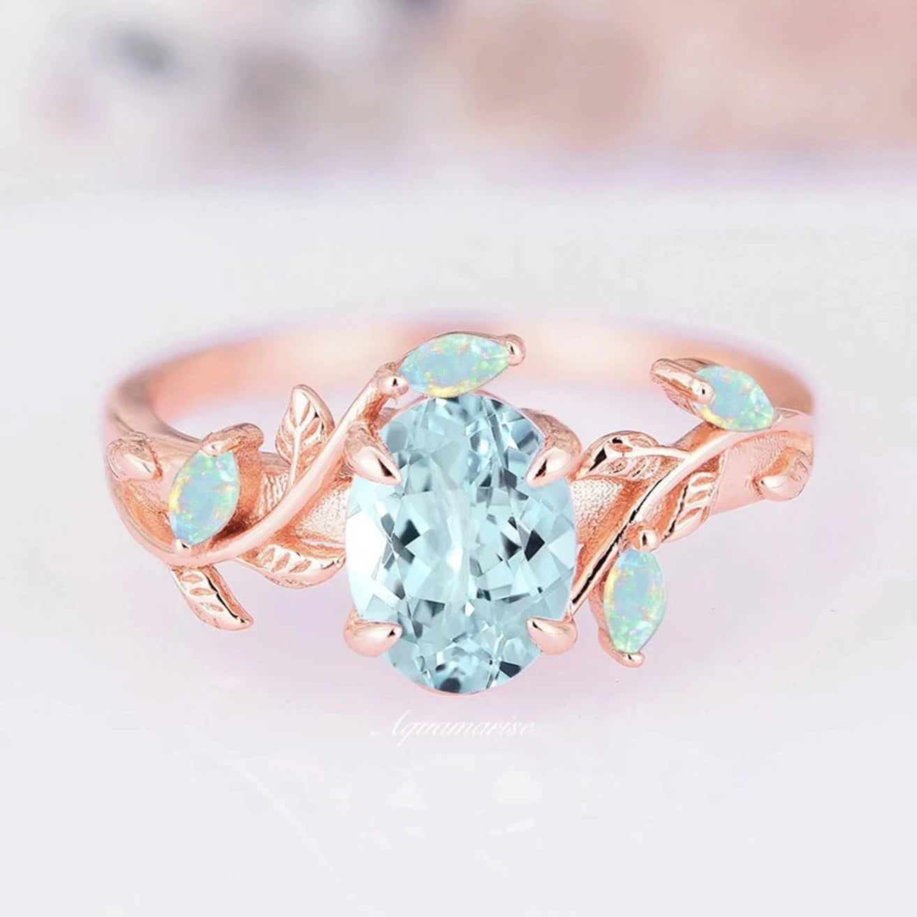 ladies engagement rings auction-Aquamarine & Fire Opal Leaf Engagement Ring- 14K Solid Rose Gold