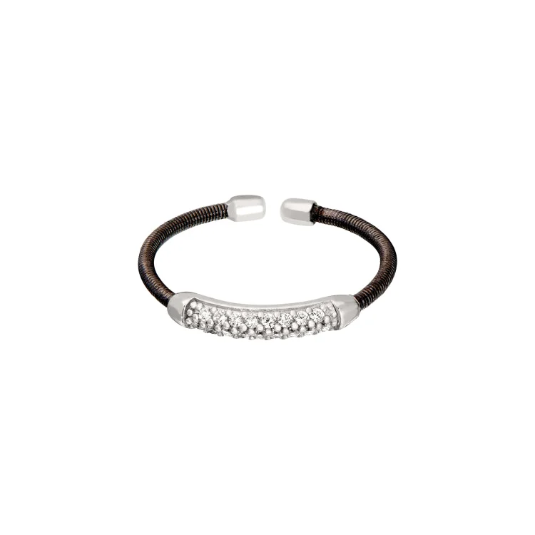 ladies rings sale-Black Rhodium Finish Sterling Silver Single Cable Cuff Ring with Rhodium Finish Double Row Simulated Diamonds