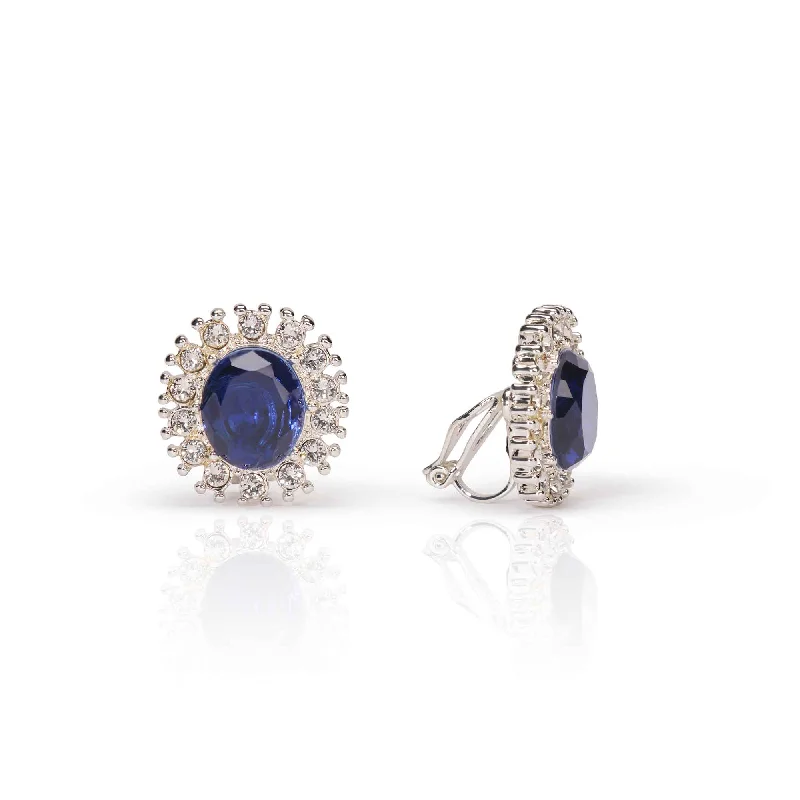 ladies earrings happiness-Princess Diana Inspired Earrings: Sapphire & Crystal Clip on Earrings