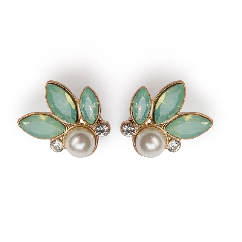 ladies earrings vintage-Green Crystal Earrings: Opal Green Leaf Stone & Pearl Earrings