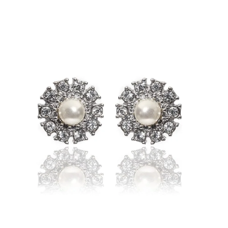 ladies earrings pre owned-Pearl & Crystal Stud Earrings: Vintage Style Bridal Pearl Studs