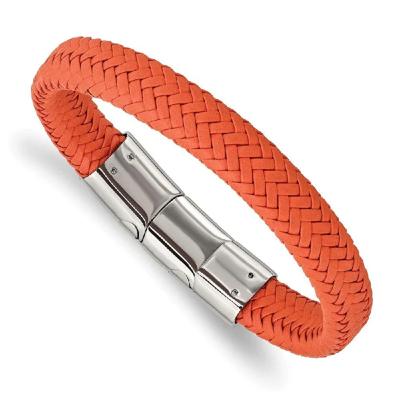 Ladies bracelets greek charm -Stainless Steel Polished Orange Woven Leather w/.5in ext 8in Bracelet