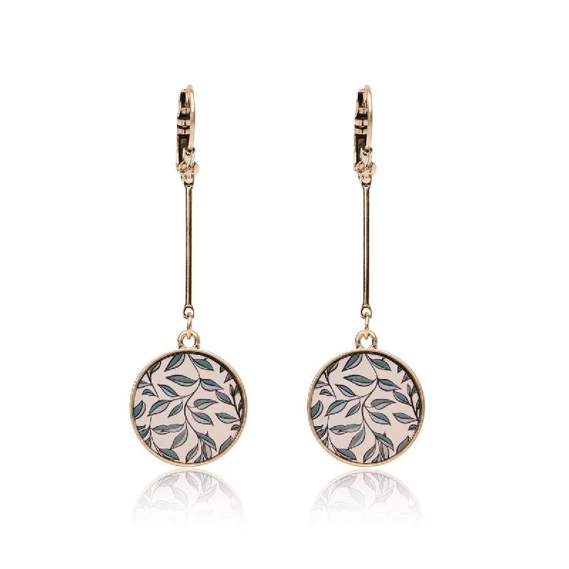 ladies earrings bold statement-Disc Drop Earrings:  Willow Leaf Print Disc Earrings