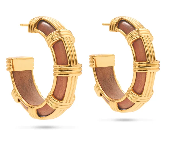 ladies earrings polished-Earrings - Gaia Cage Hoop Earrings - Teak