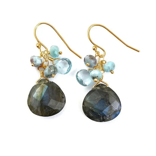 ladies earrings prices-Labradorite, Blue Topaz, Larimar Cluster Earrings