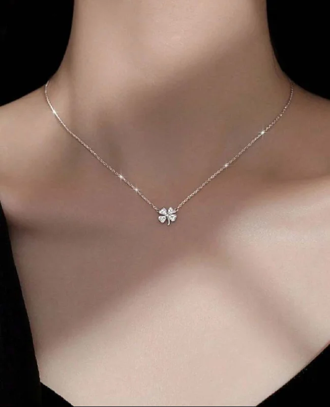 Ladies necklaces polynesian charm -Beautiful Silver Rhinestone Shamrock Necklace