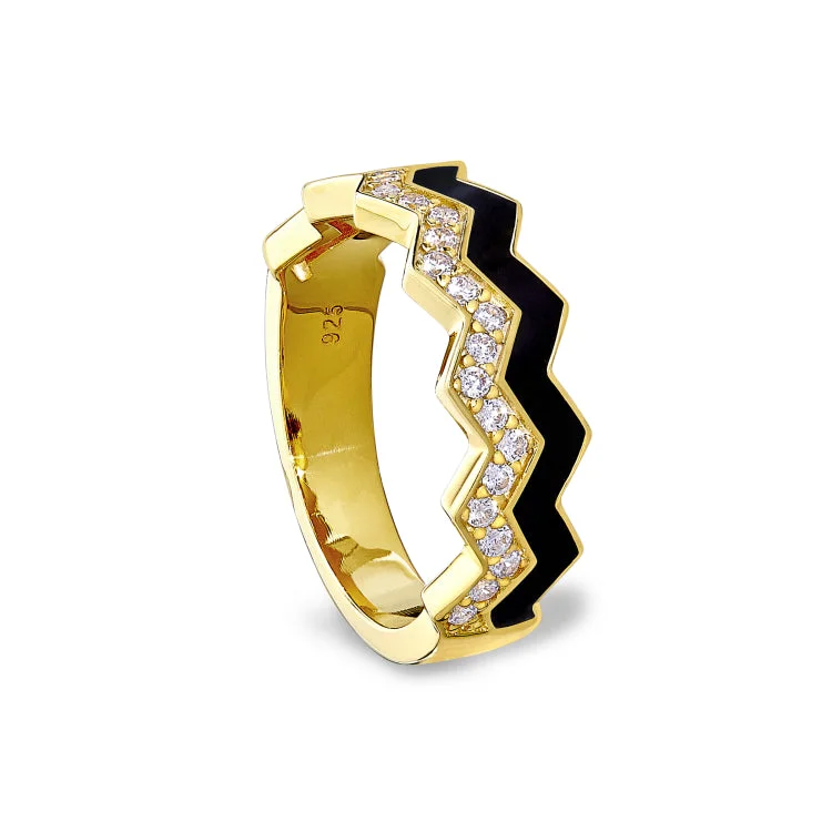 ladies rings tri tone-Gold Vermeil Sterling Silver Micropave Ring with with Black Enamel and Simulated Diamondss