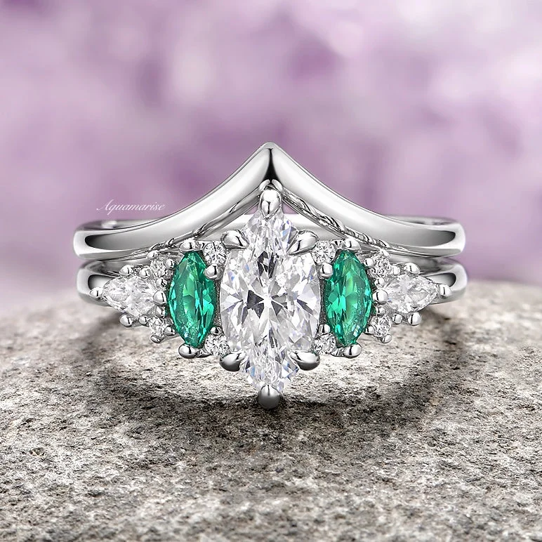 ladies engagement rings halo-Emerie Moissanite Diamond & Emerald Engagement Ring Set- 14K White Gold