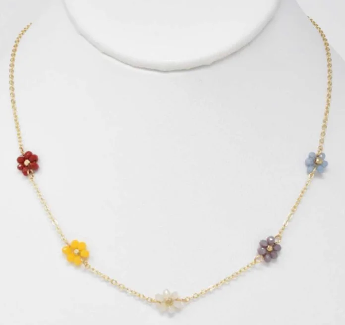 Ladies necklaces celtic design -Multicolor Beaded Flower Necklace with Gold Chain